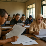Warga memantau rekapitulasi suara pemilu di aula kecamatan dengan catatan dan laptop