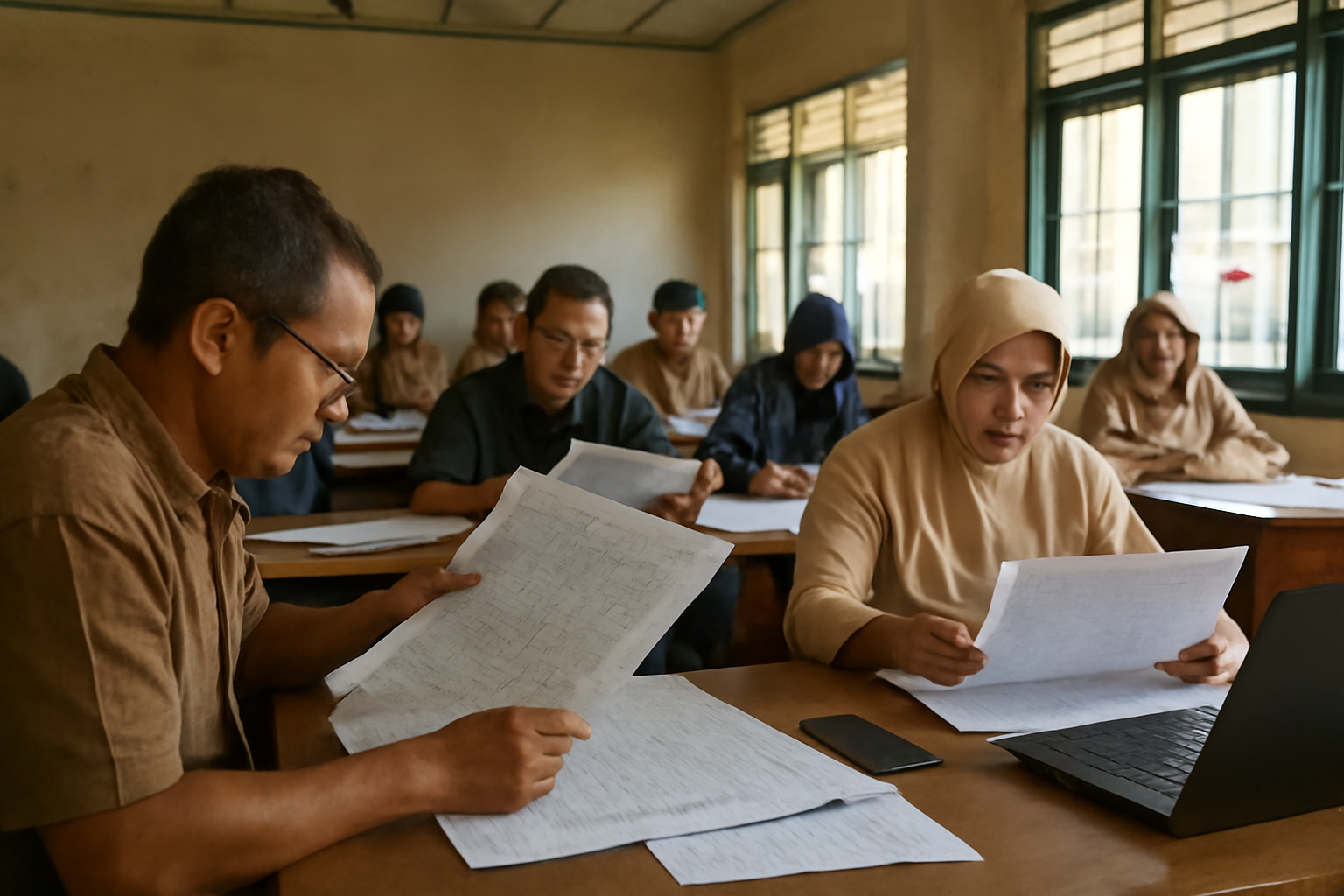 Warga memantau rekapitulasi suara pemilu di aula kecamatan dengan catatan dan laptop