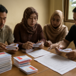 Petugas KPPS sedang menghitung surat suara di TPS