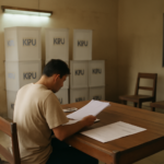 Suasana meja penghitungan suara di TPS dengan dokumen dan kotak suara