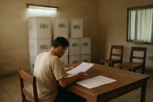 Suasana meja penghitungan suara di TPS dengan dokumen dan kotak suara