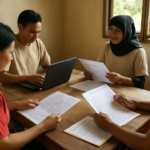 Relawan pemantau pemilu sedang memeriksa dokumen dan catatan suara di meja