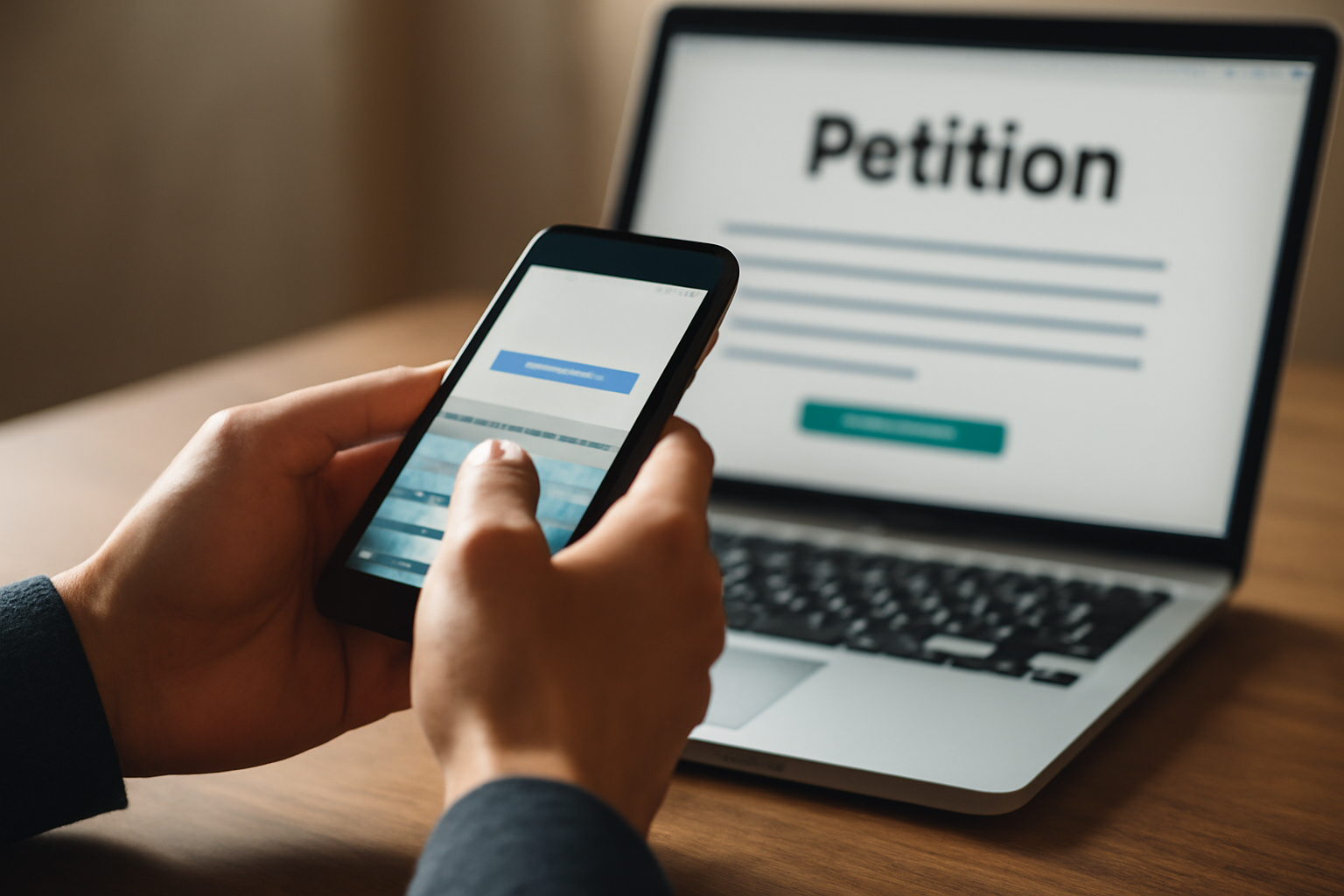 Seseorang mengetik aspirasi politik di ponsel dengan latar belakang laptop menampilkan platform petisi daring.